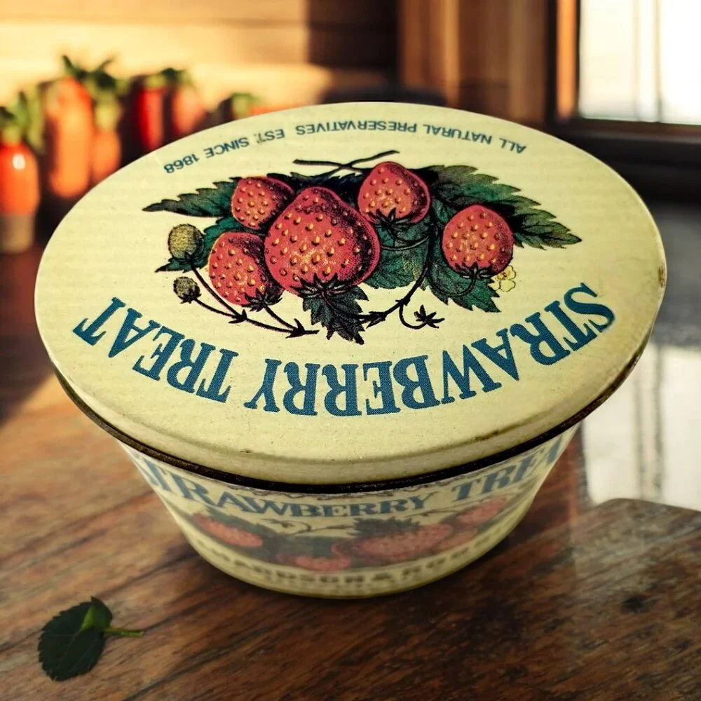 Vintage Strawberry Treat Tin – Retro Yellow Advertising Canister by Richardson &